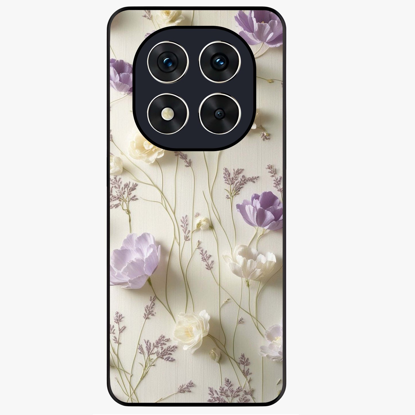 Lilac Breeze Harmony Glass Case showing flat back view with soft lilac themed artwork and glossy glass finish.