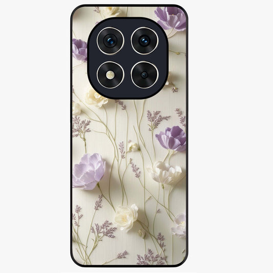 Lilac Breeze Harmony Glass Case showing flat back view with soft lilac themed artwork and glossy glass finish.