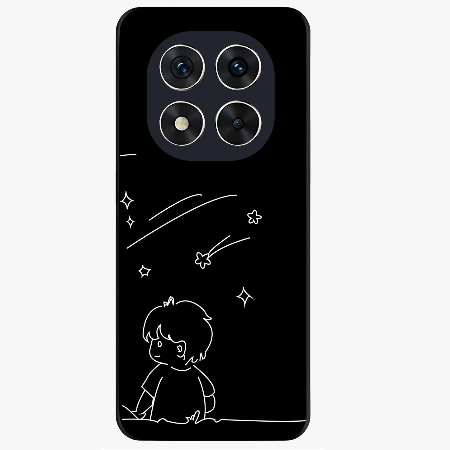 Line Art Boy With Shooting Stars Glass Case showing flat back view with minimal line art boy and shooting stars illustration and glossy glass finish.