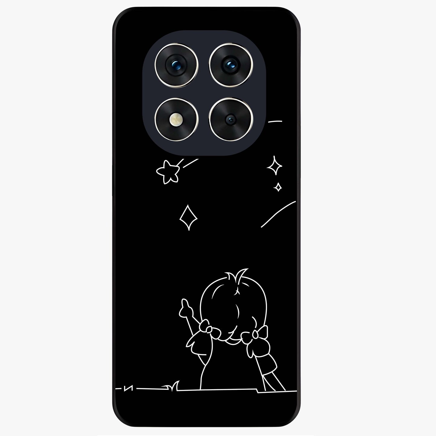 Line Art Girl With Shooting Stars Glass Case showing flat back view with minimal line art girl and shooting stars illustration and glossy glass finish.