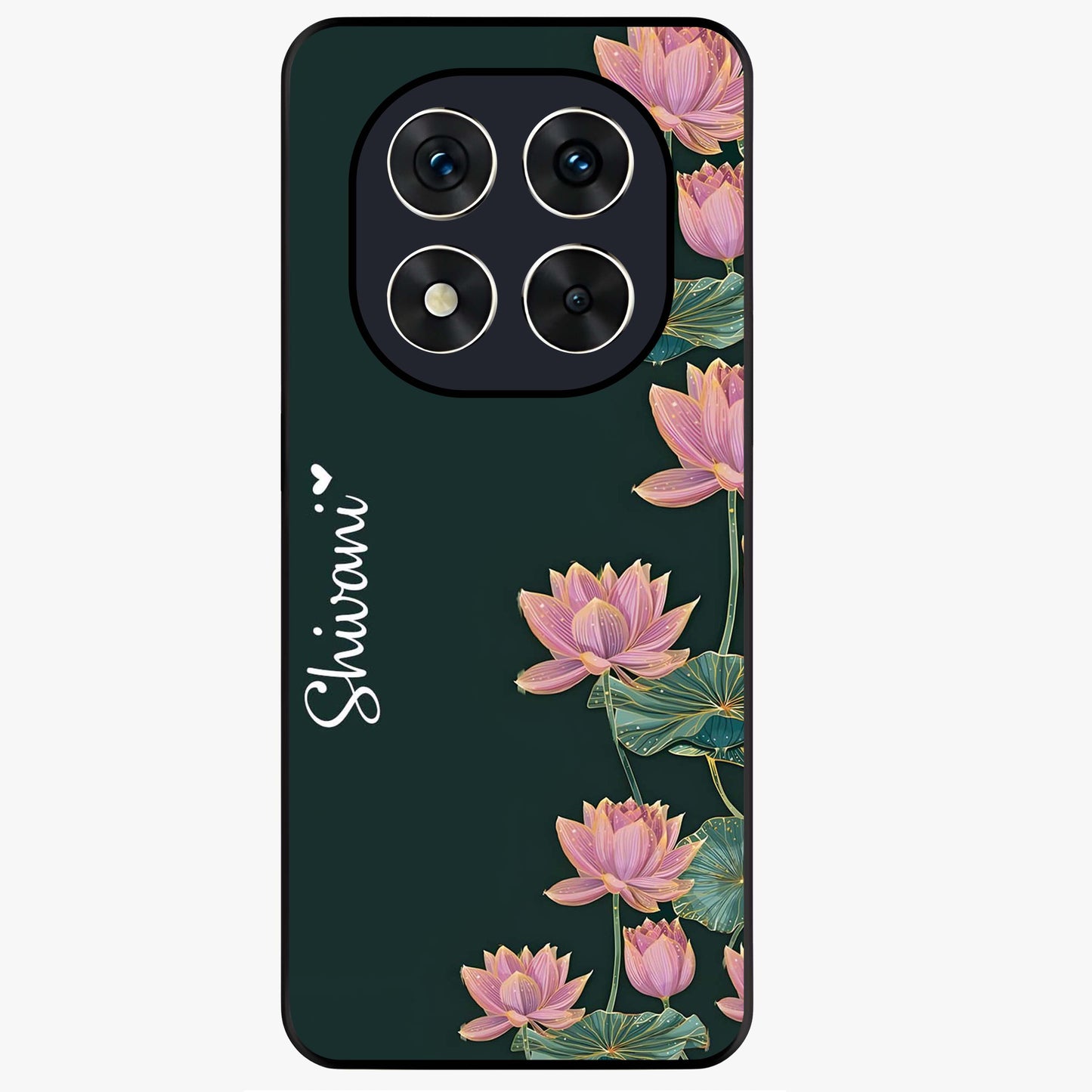 Lotus Bloom Serenity Custom Name Glass Case showing flat back view with elegant lotus flower artwork and personalized name design.
