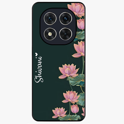 Lotus Bloom Serenity Custom Name Glass Case showing flat back view with elegant lotus flower artwork and personalized name design.