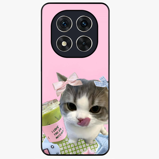Love Matcha Cat Glass Case showing flat back view with cute cat and matcha themed artwork and glossy glass finish.