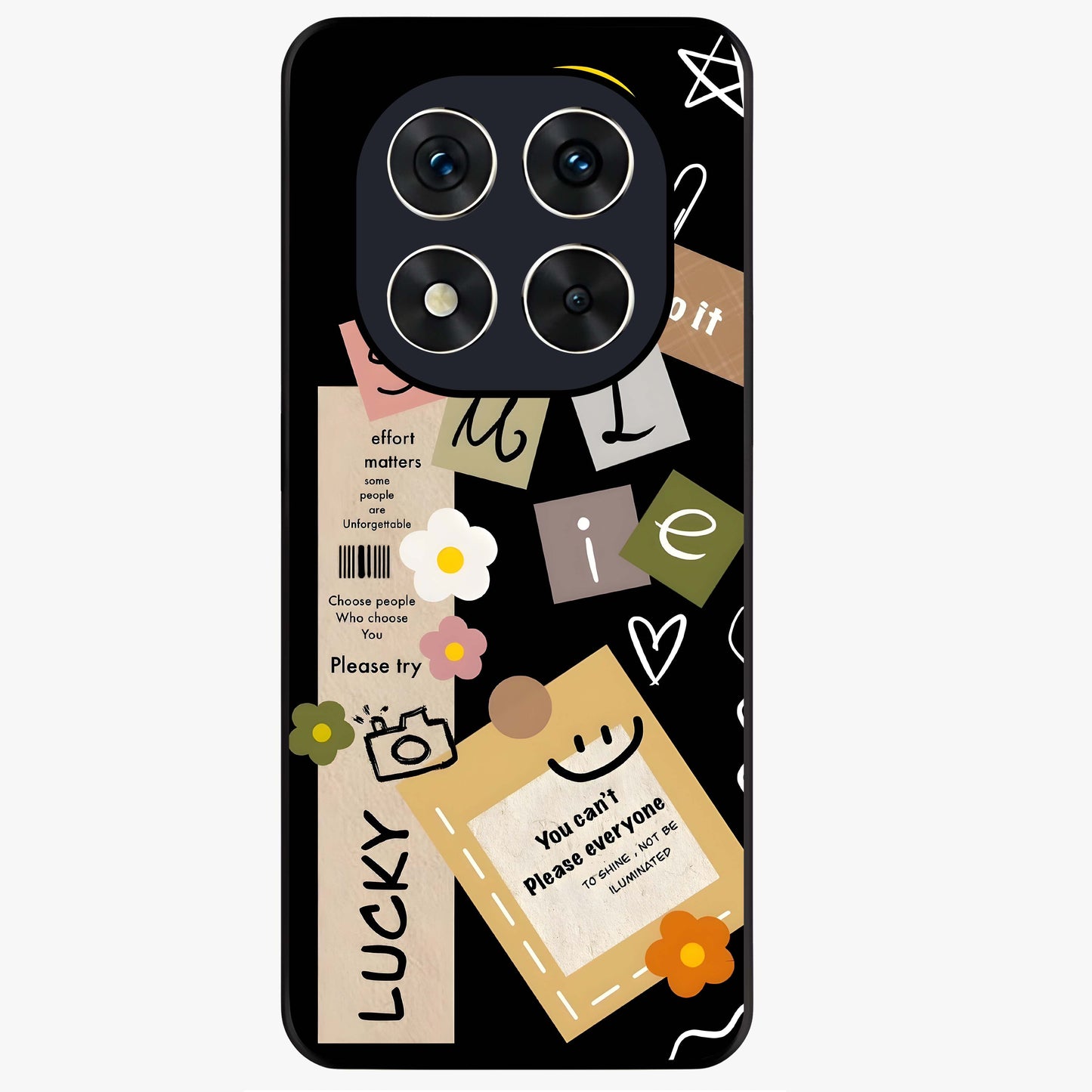 Lucky Aesthetic Collage Glass Case showing flat back view with trendy aesthetic collage artwork and glossy glass finish.