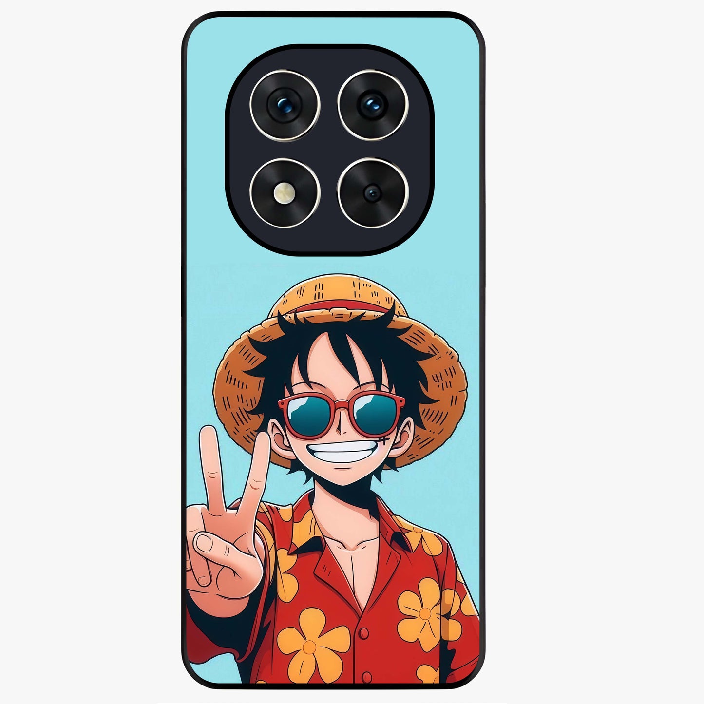 Luffy Summer Anime Vibe Glass Case showing flat back view with vibrant anime character artwork and glossy glass finish.