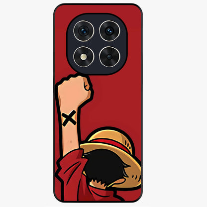 Luffy X Spirit Glass Case showing flat back view with bold anime character artwork and glossy glass finish.
