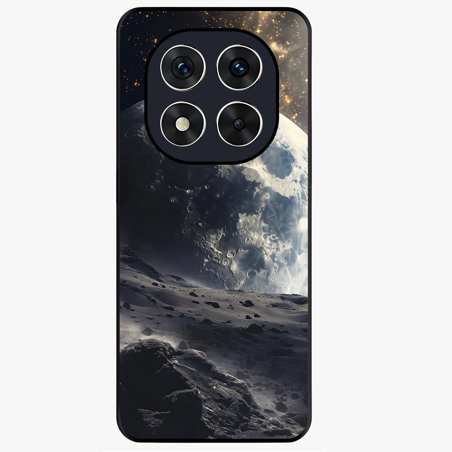 Lunar Horizon Glow Glass Case showing flat back view with glowing moon horizon artwork and glossy glass finish.
