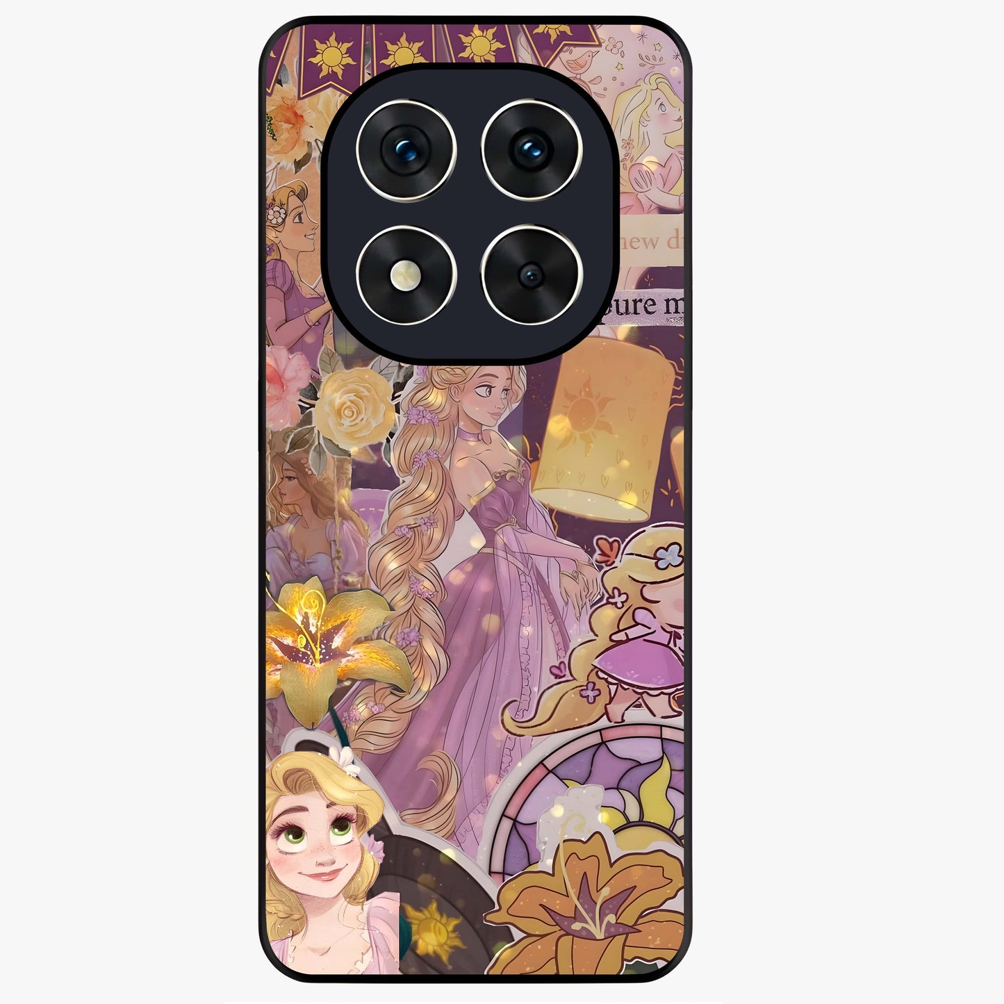 Magical Tangled Dream Glass Case showing flat back view with dreamy tangled artwork and glossy glass finish.