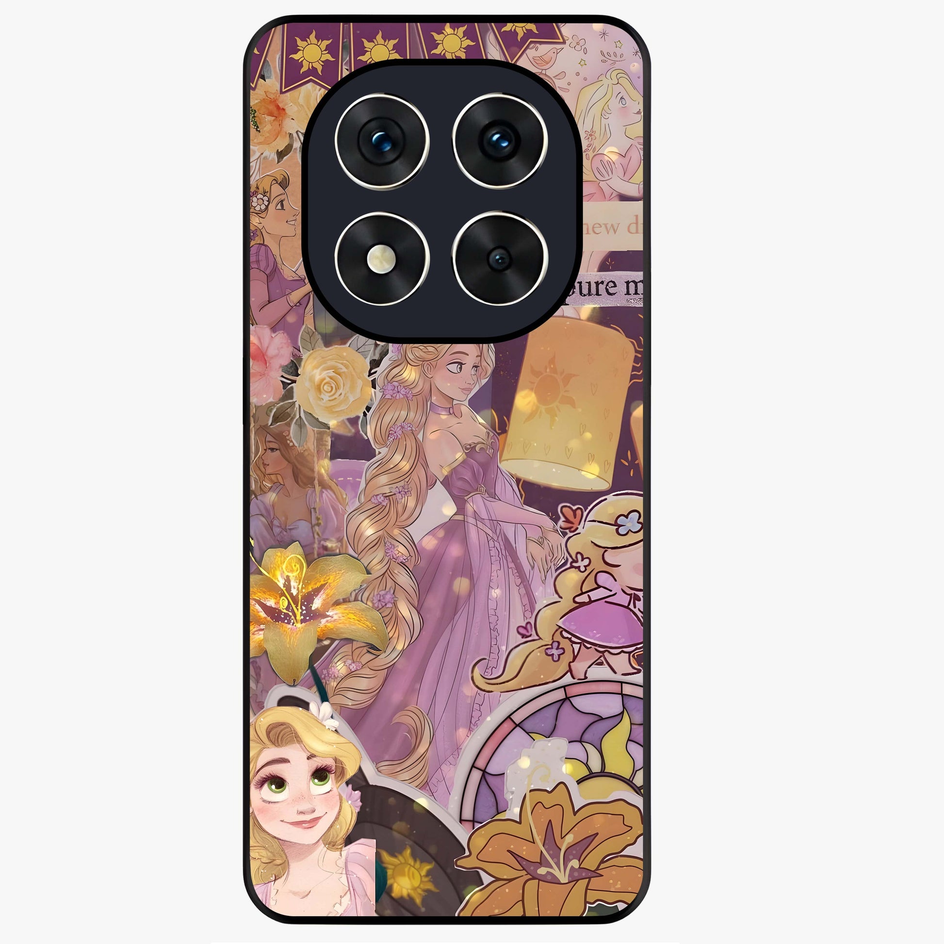 Magical Tangled Dream Glass Case showing flat back view with dreamy tangled artwork and glossy glass finish.