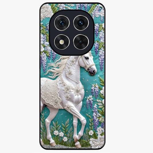 Majestic Floral Stallion Glass Case showing flat back view with powerful horse and floral artwork and glossy glass finish.