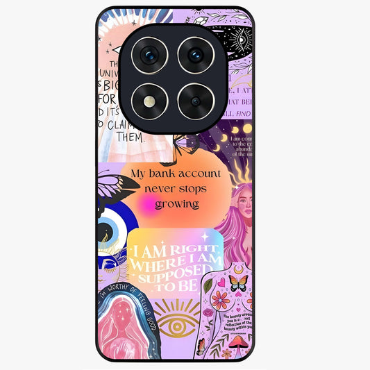 Manifestation Collage Glass Case showing flat back view with motivational collage artwork and glossy glass finish.