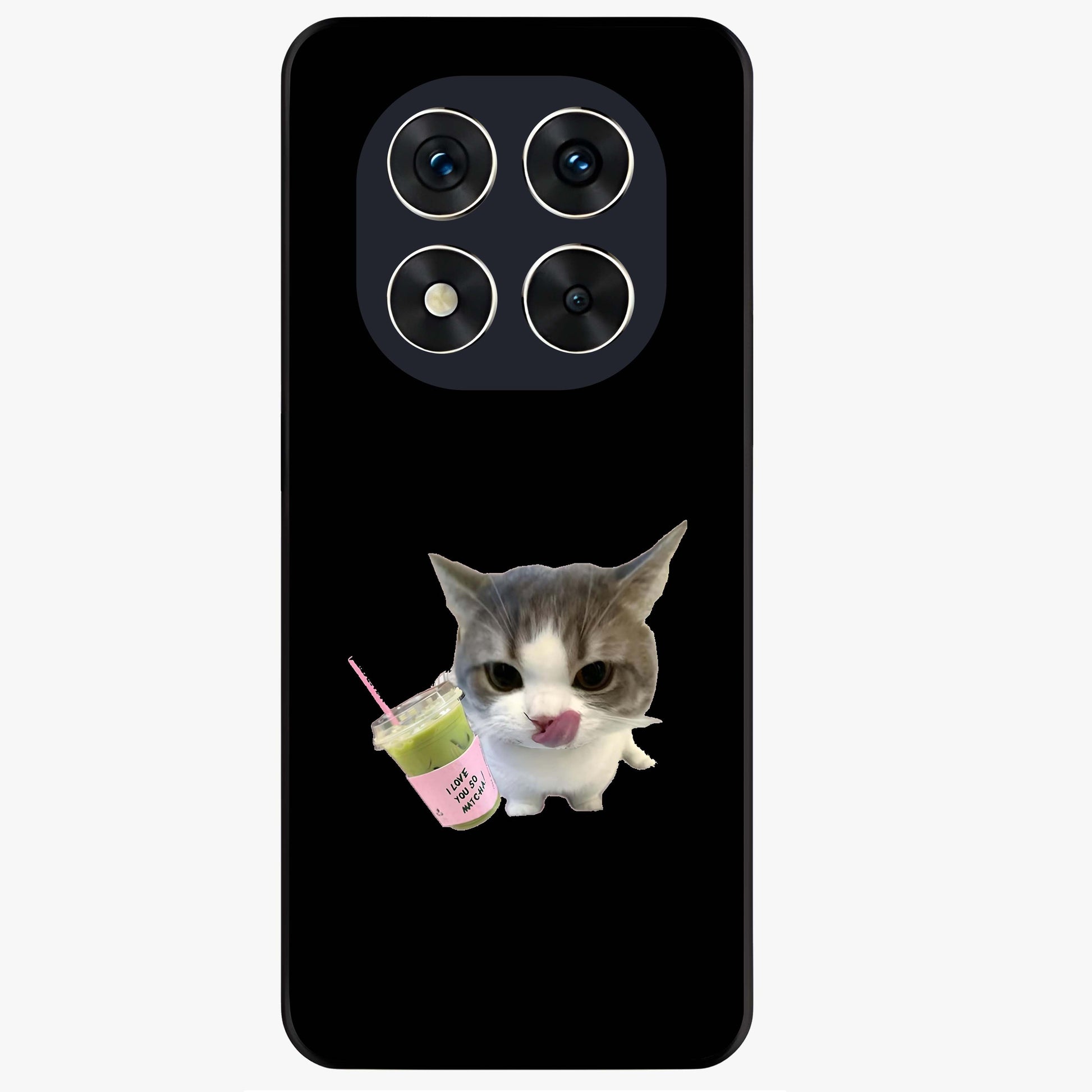 Matcha Cat Style Glass Case showing flat back view with cute matcha themed cat artwork and glossy glass finish.
