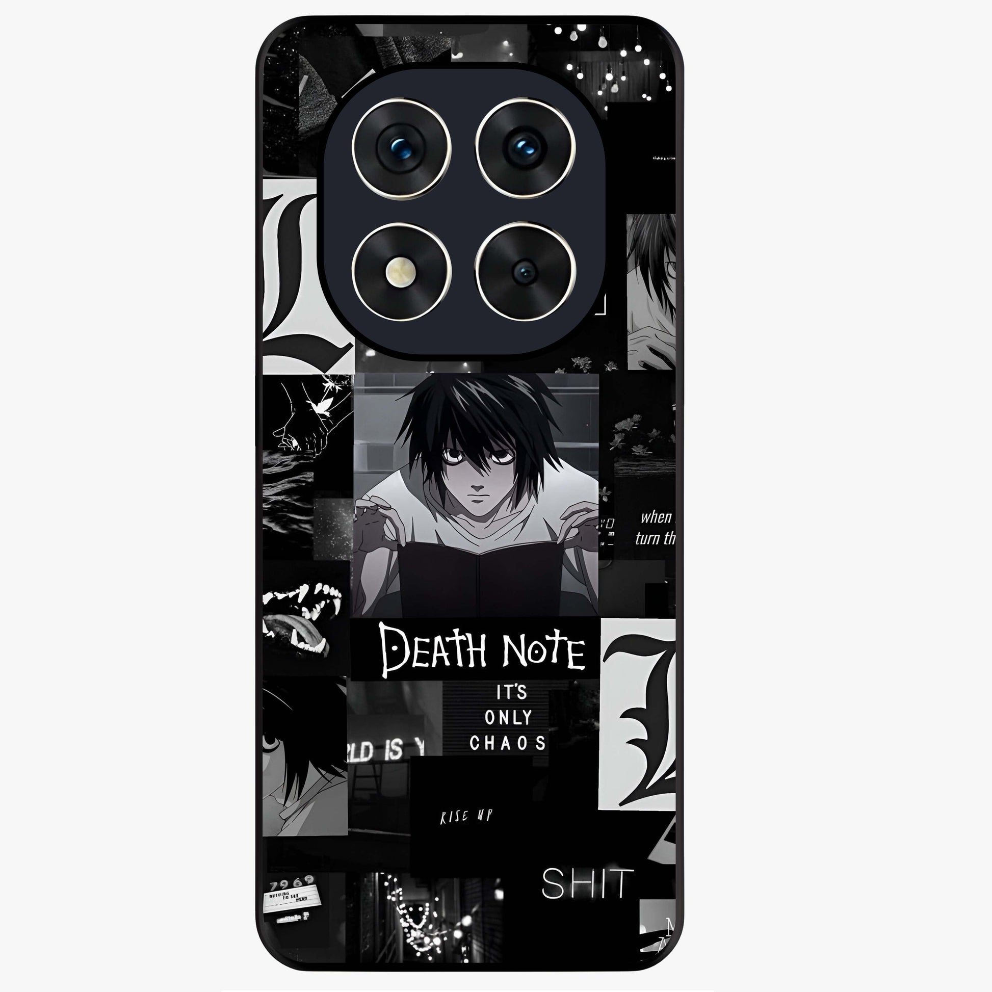 Midnight Chaos Mind Glass Case showing flat back view with abstract dark themed artwork and glossy glass finish.