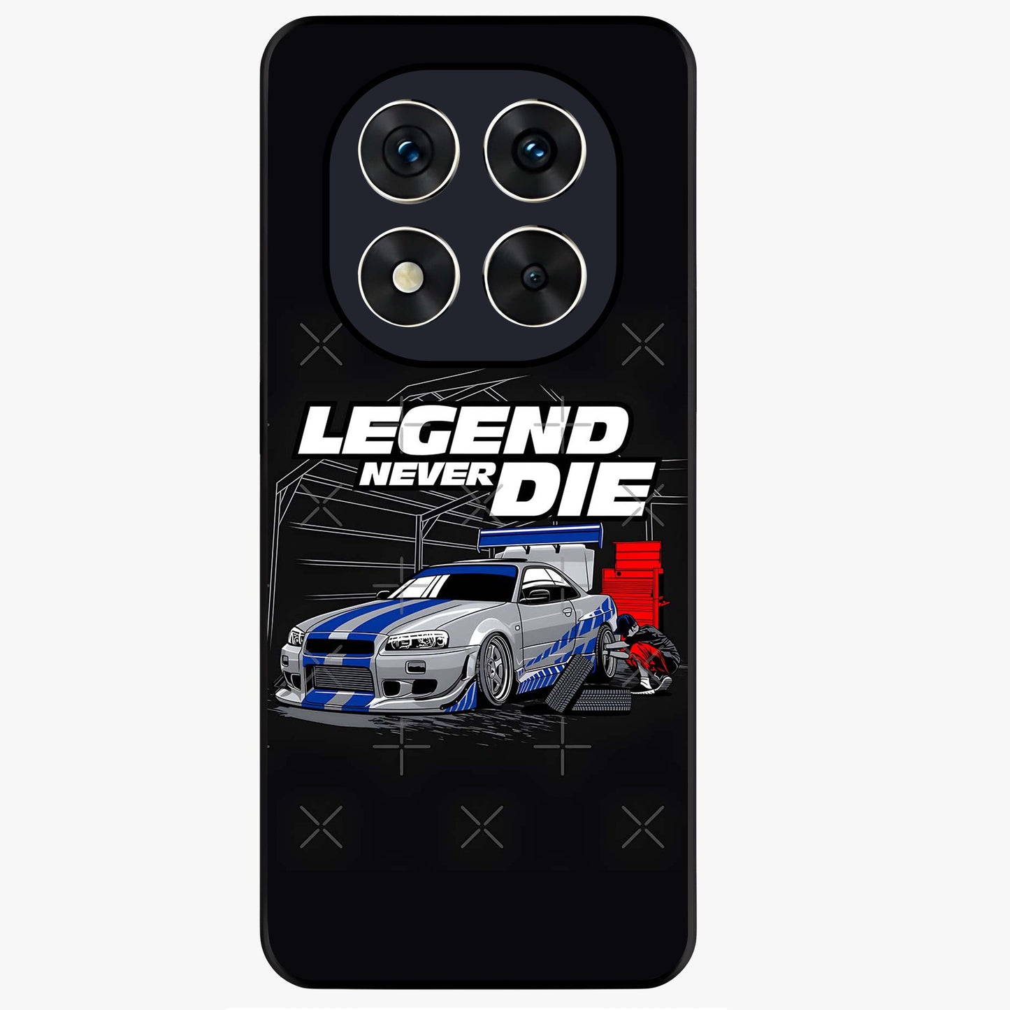 Midnight Racing Legacy Glass Case showing flat back view with sleek racing inspired artwork and glossy glass finish.