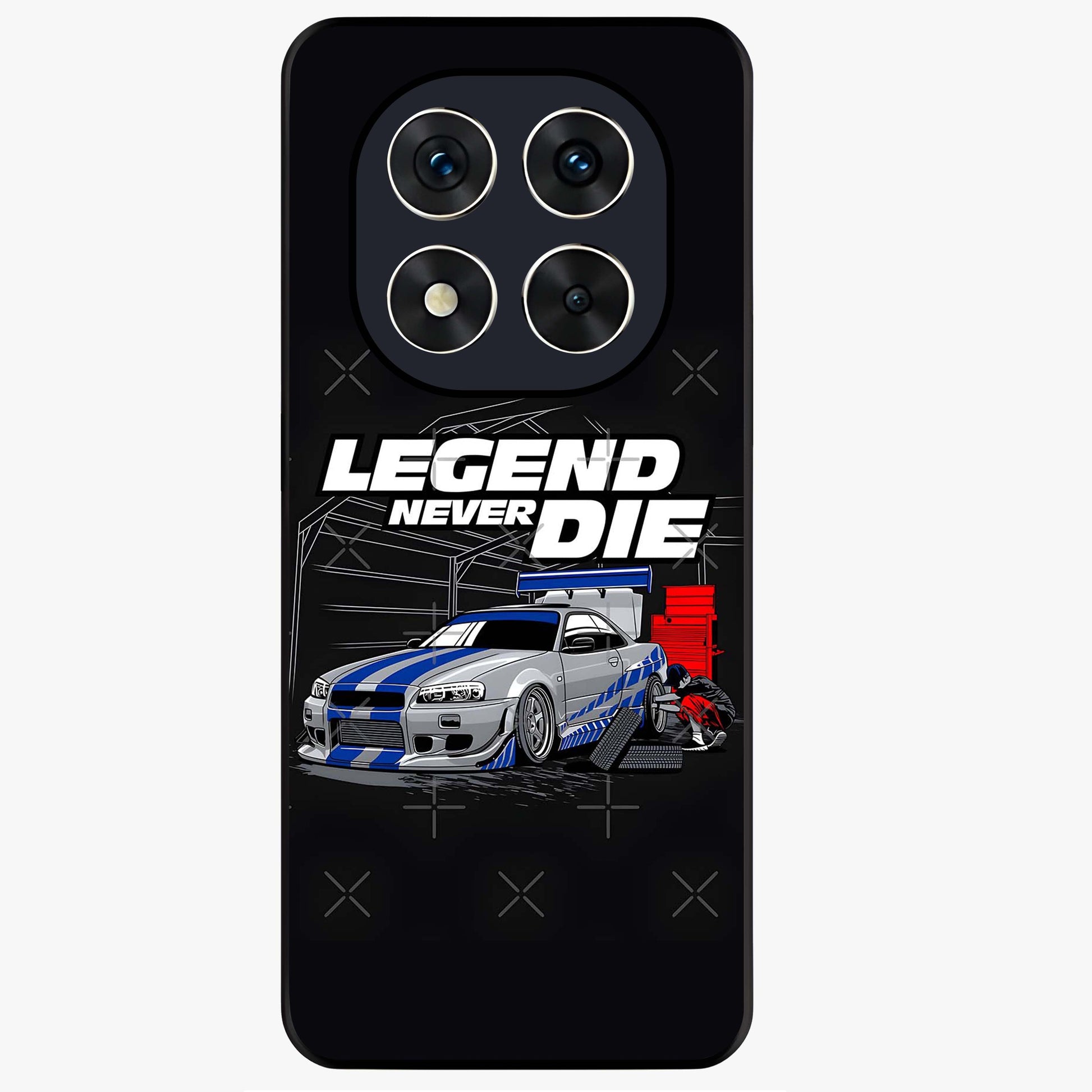 Midnight Racing Legacy Glass Case showing flat back view with sleek racing inspired artwork and glossy glass finish.
