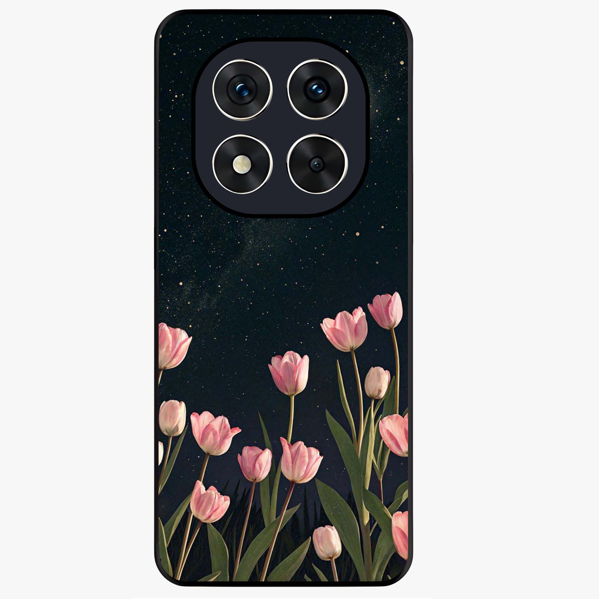 Midnight Tulip Whispers Vibe Glass Case showing flat back view with elegant tulip flower artwork and glossy glass finish.