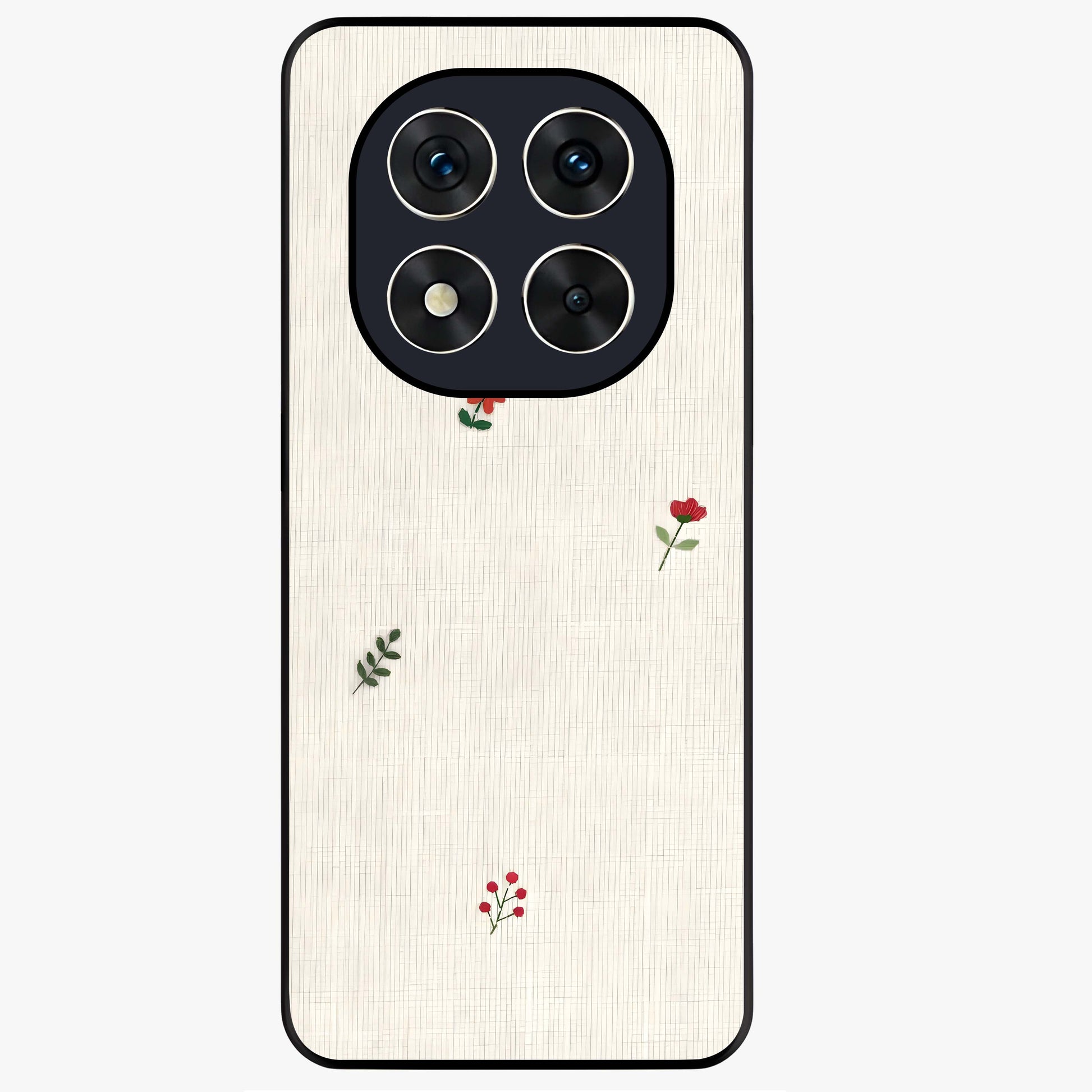 Minimal Petal Whispers Glass Case showing flat back view with soft minimal floral artwork and glossy glass finish.