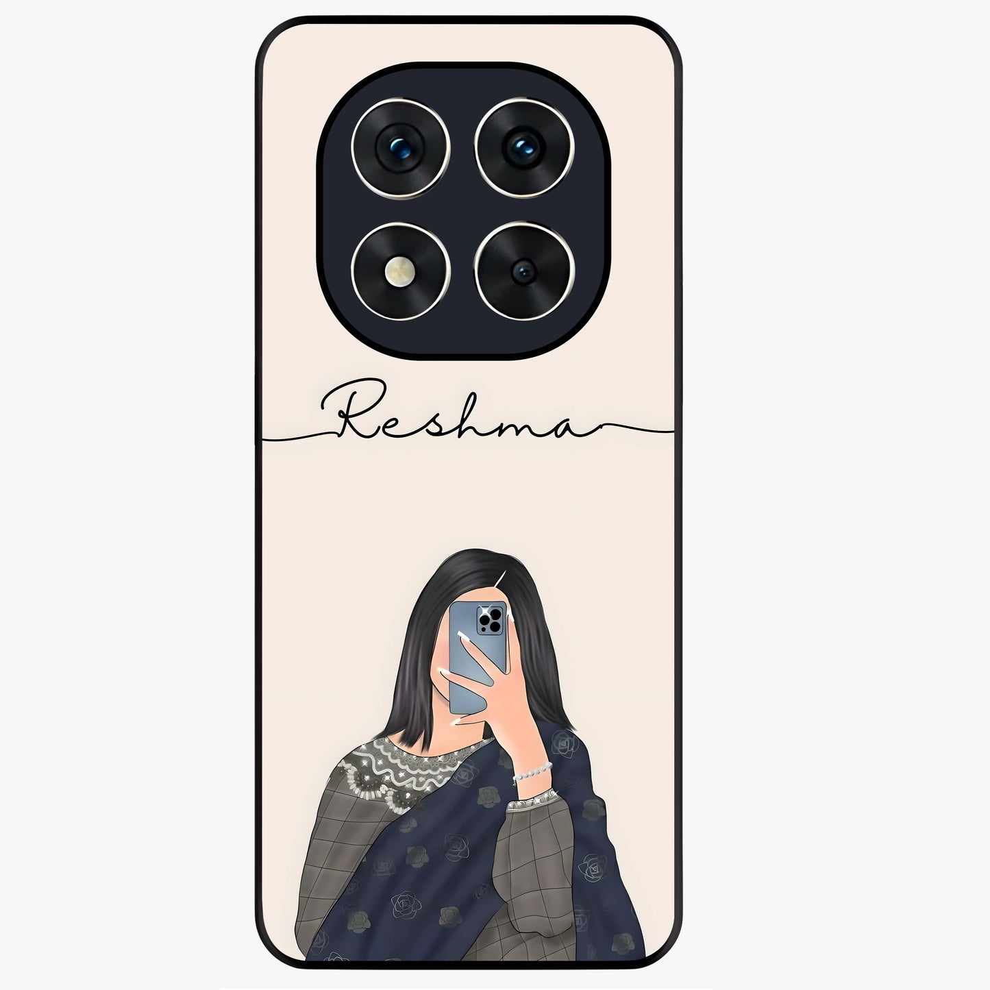 Mirror Mood Muse With Custom Name Glass Case showing flat back view with stylish mirrored artwork and personalized name design.