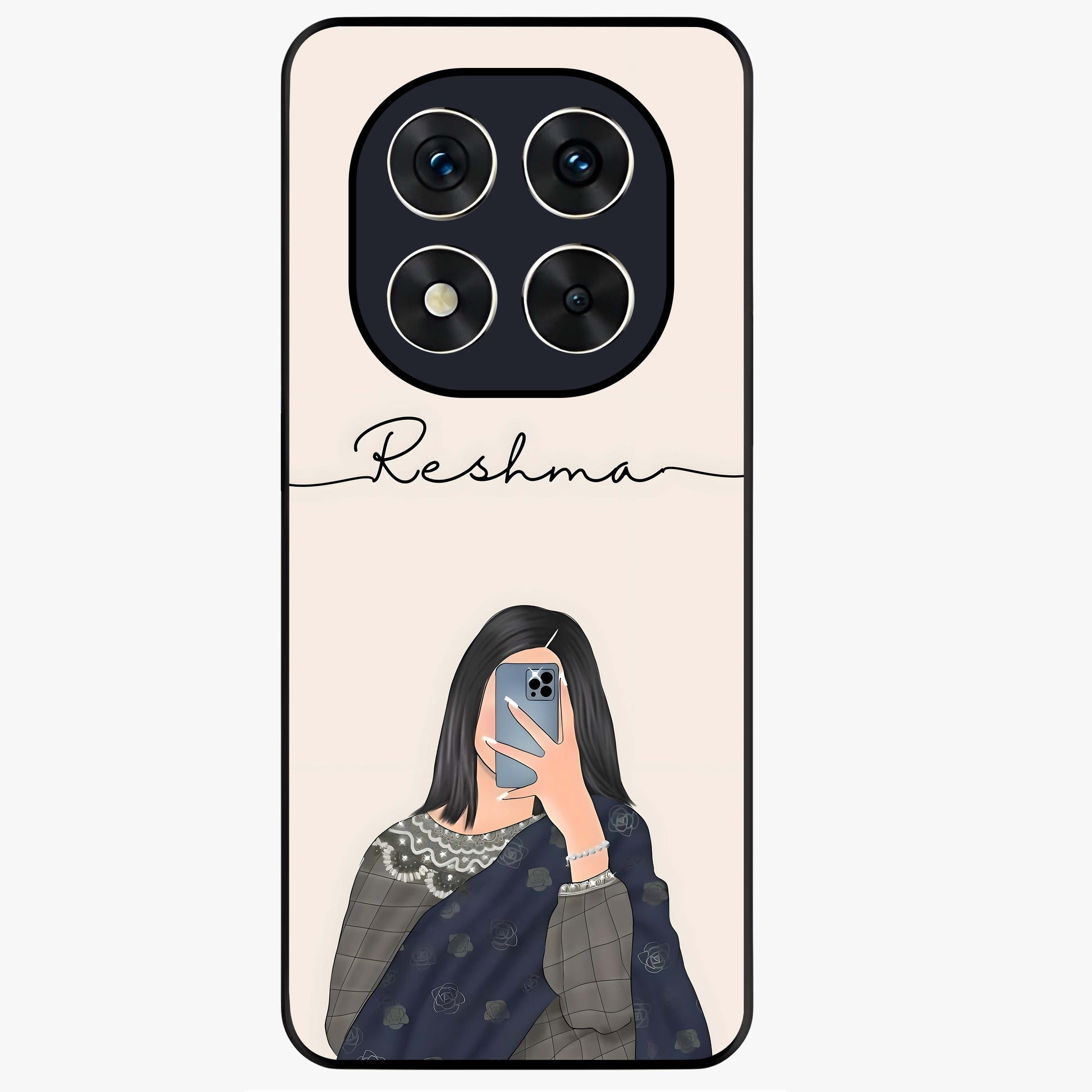 Mirror Mood Muse With Custom Name Glass Case showing flat back view with stylish mirrored artwork and personalized name design.