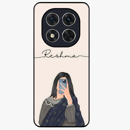 Mirror Mood Muse With Custom Name Glass Case showing flat back view with stylish mirrored artwork and personalized name design.