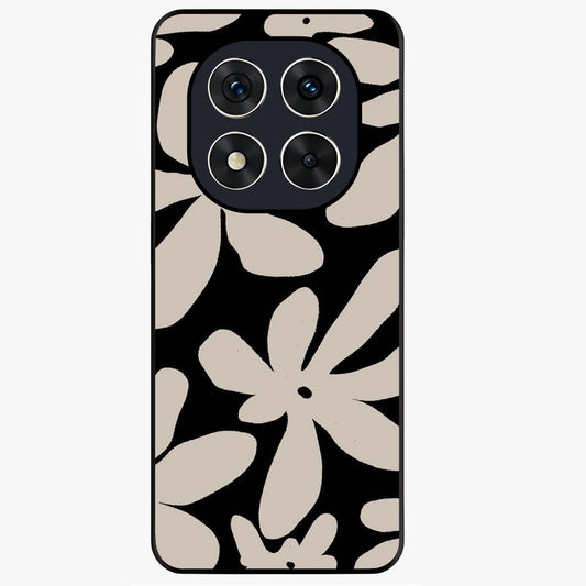 Monochrome Petal Dance Glass Case showing flat back view with monochrome floral artwork and glossy glass finish.