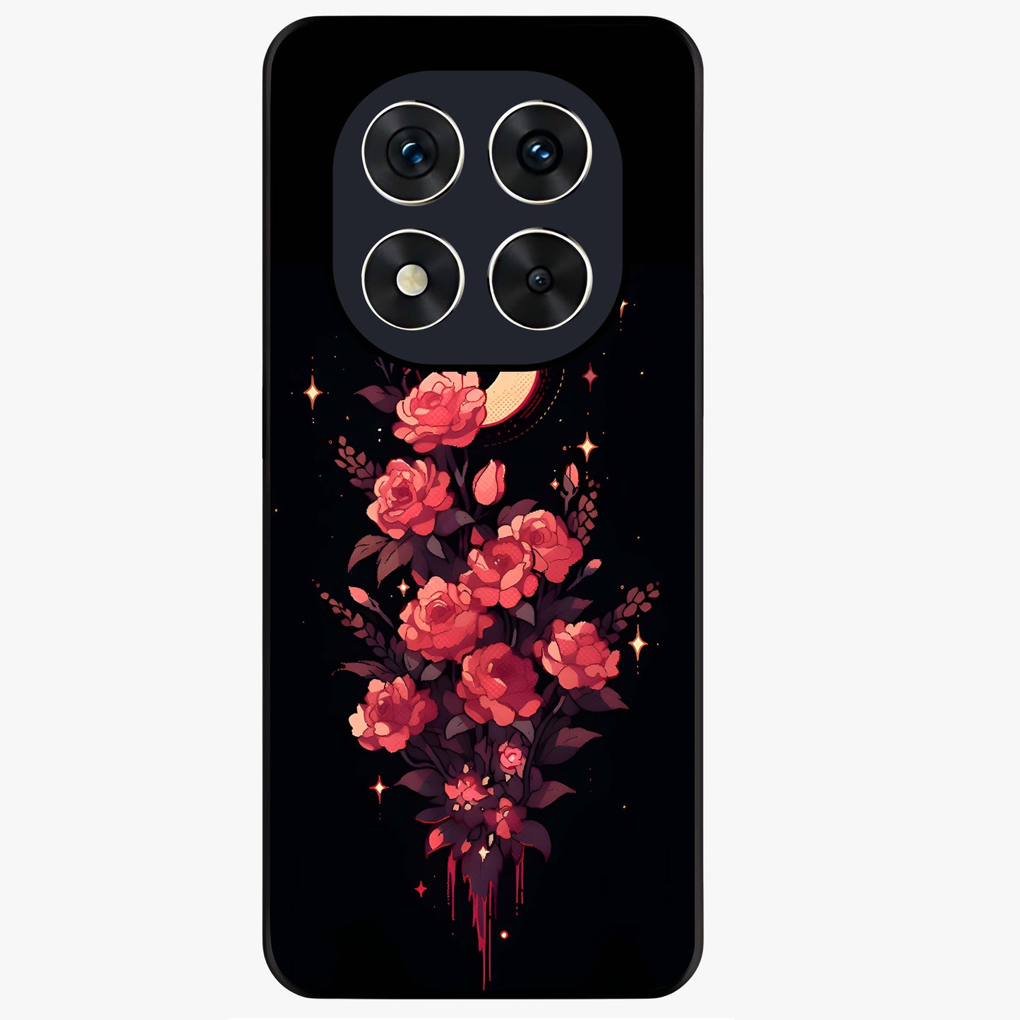 Moonlit Floral Elegance Glass Case showing flat back view with elegant floral artwork under moonlit tones and glossy glass finish.