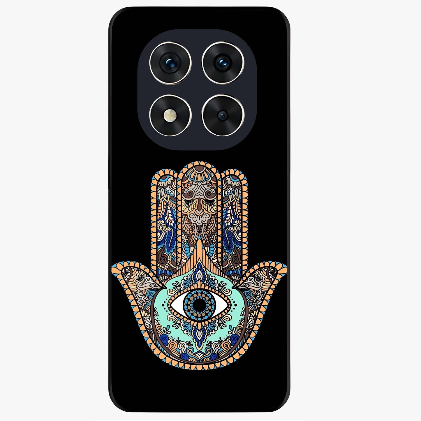 Mystic Hamsa Eye Glass Case showing flat back view with protective hamsa hand and evil eye artwork and glossy glass finish.