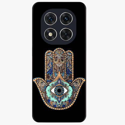 Mystic Hamsa Eye Glass Case showing flat back view with protective hamsa hand and evil eye artwork and glossy glass finish.