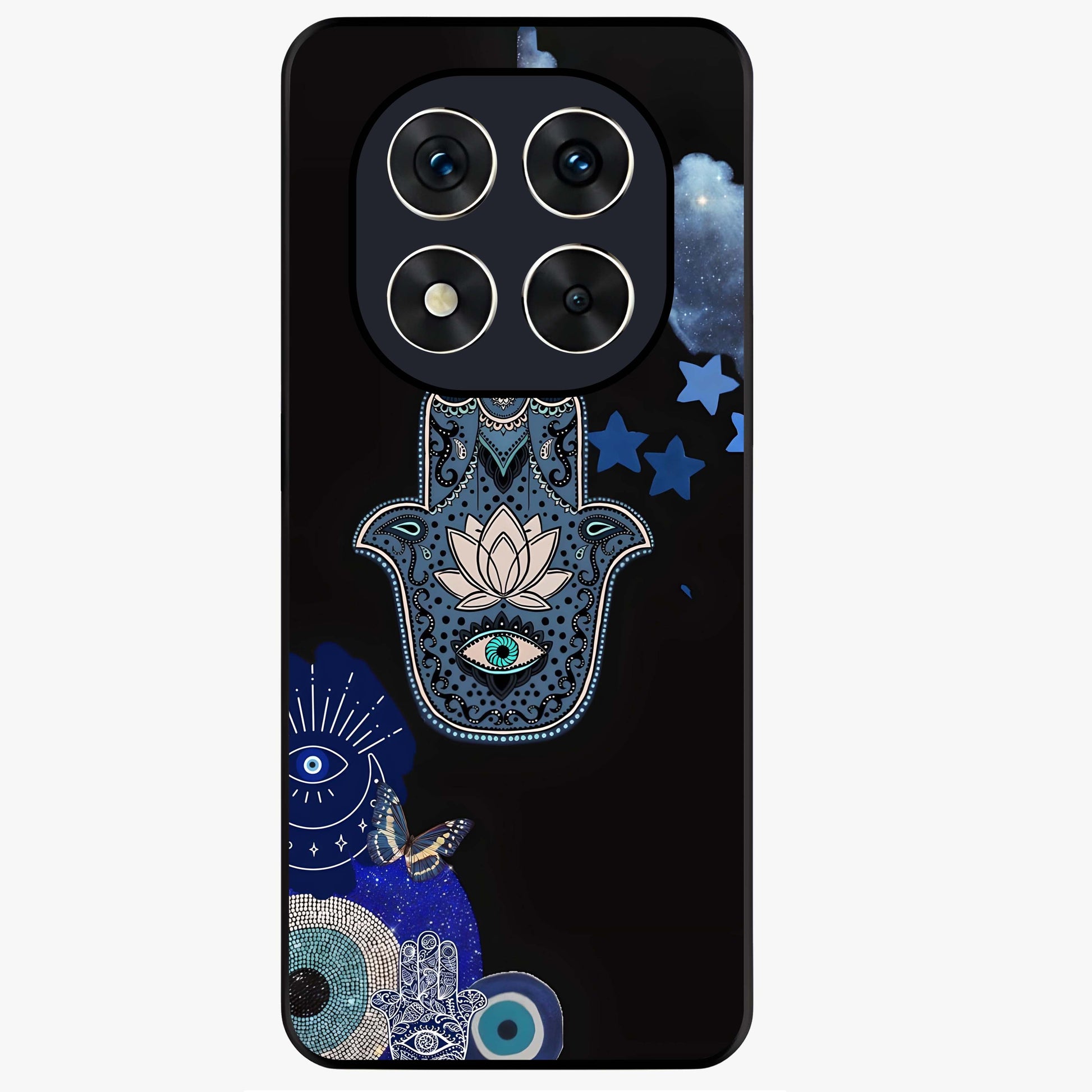 Mystic Hand Aura Glass Case showing flat back view with mystical hand symbol artwork and glossy glass finish.