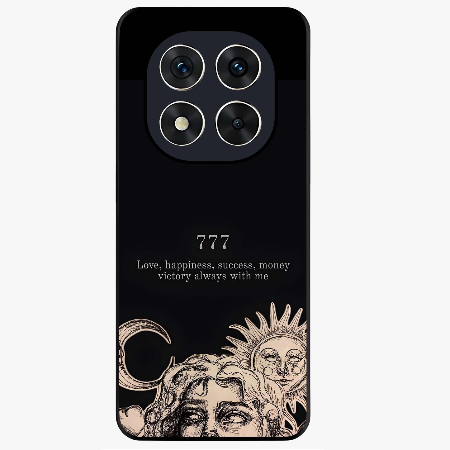 Mystic Victory Aura Glass Case showing flat back view with victory symbol artwork and glossy glass finish.