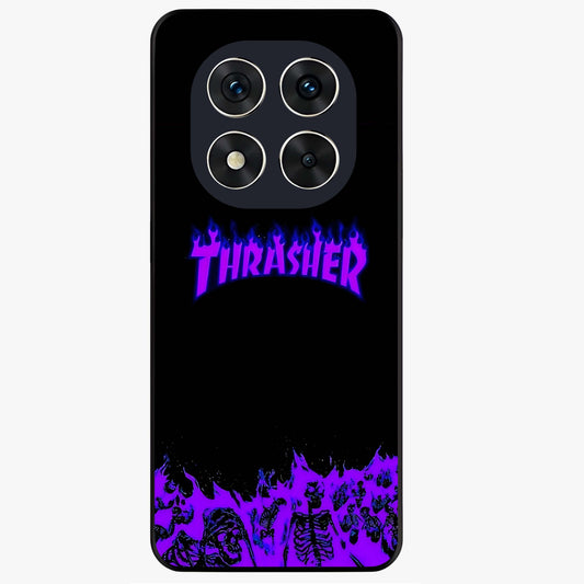 Neon Flame Riot Glass Case showing flat back view with neon flame artwork and glossy glass finish.