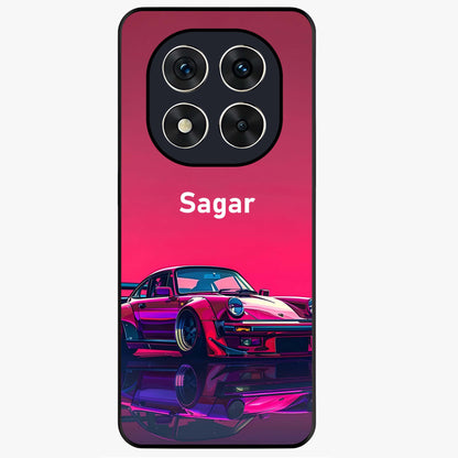 Neon Pink Porsche Glass Case showing flat back view with stylish sports car artwork and glossy glass finish.