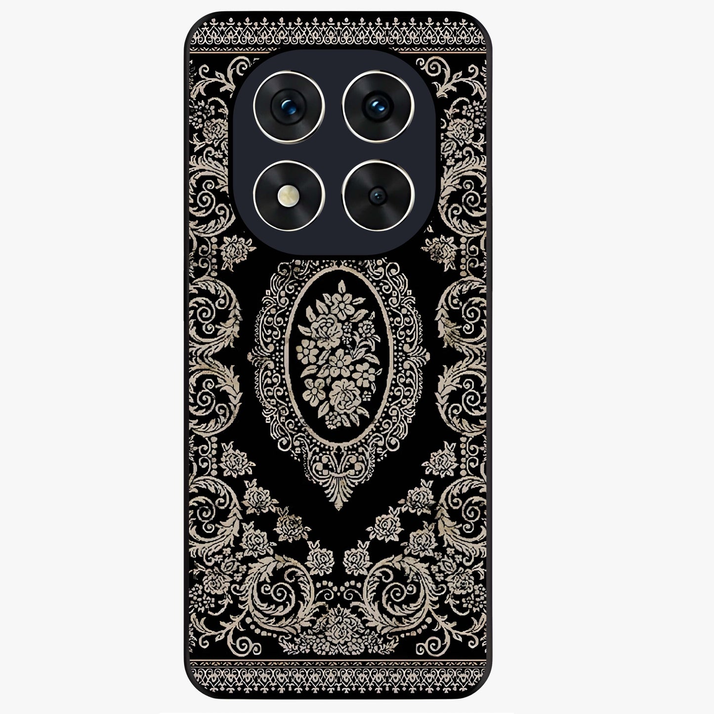 Noir Bloom Elegance Glass Case showing flat back view with elegant dark floral artwork and glossy glass finish.