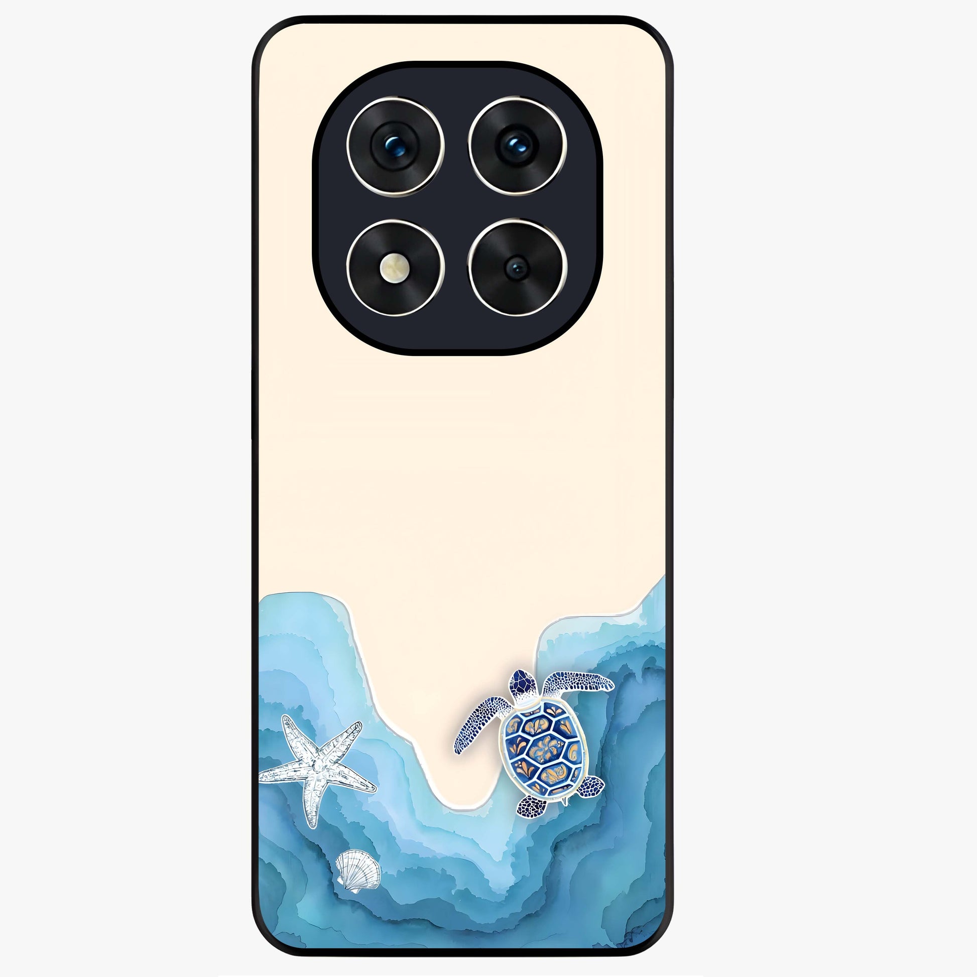 Ocean Drift Turtle Glass Case showing flat back view with sea turtle artwork and glossy glass finish.