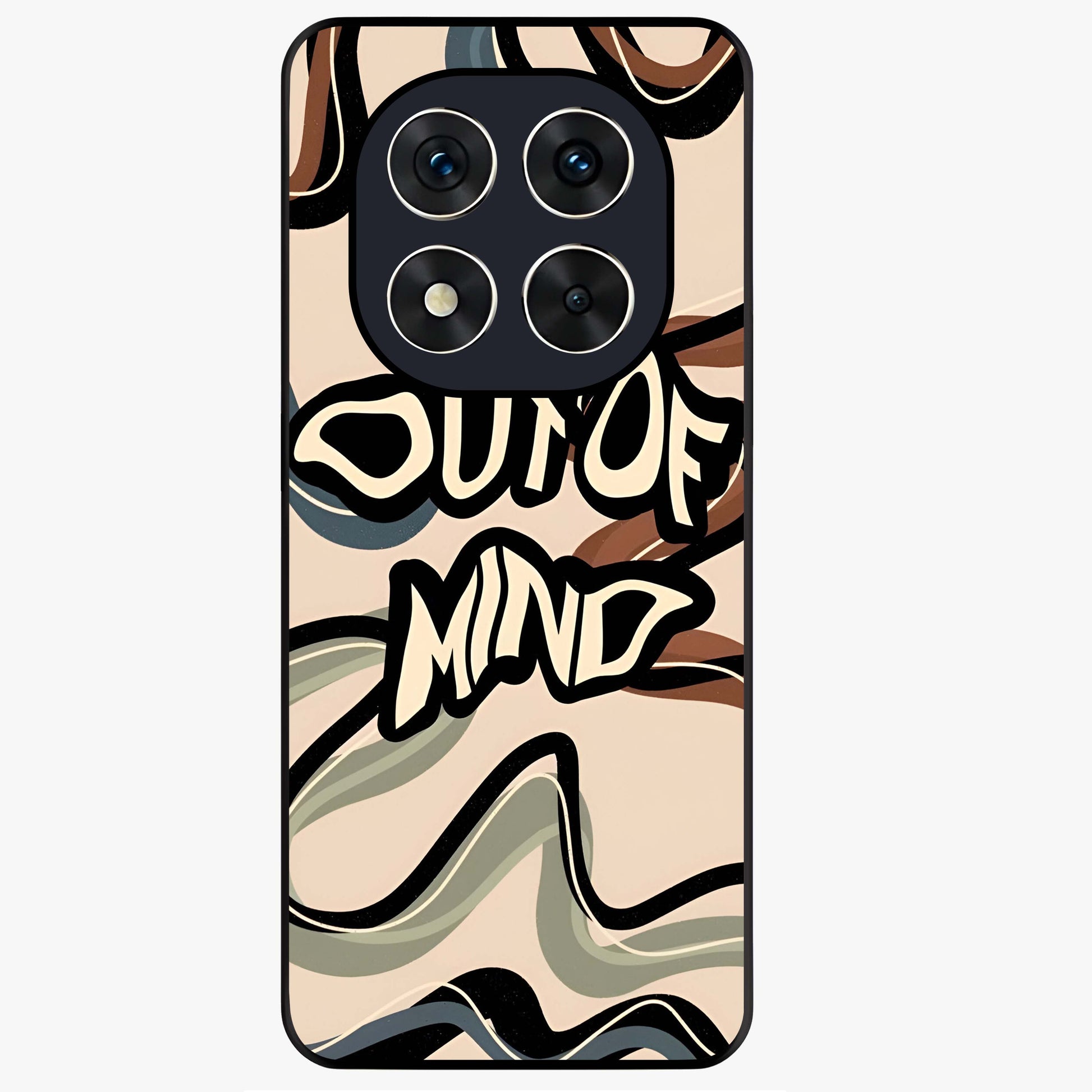Out Of Mind Glass Case showing flat back view with expressive typography artwork and glossy glass finish.