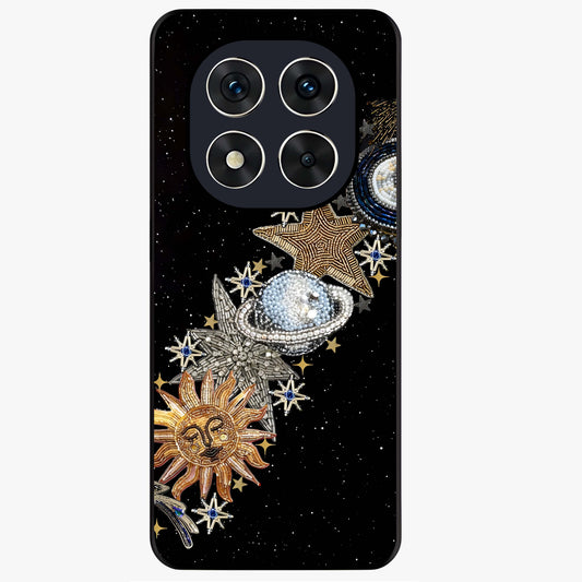 Pearls Universe Object Glass Case showing flat back view with pearl inspired cosmic artwork and glossy glass finish.
