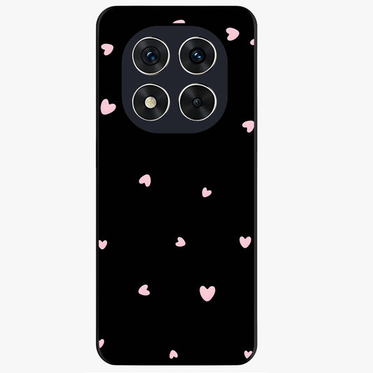 Pink Love Drops Glass Case showing flat back view with playful pink heart drops artwork and glossy glass finish.