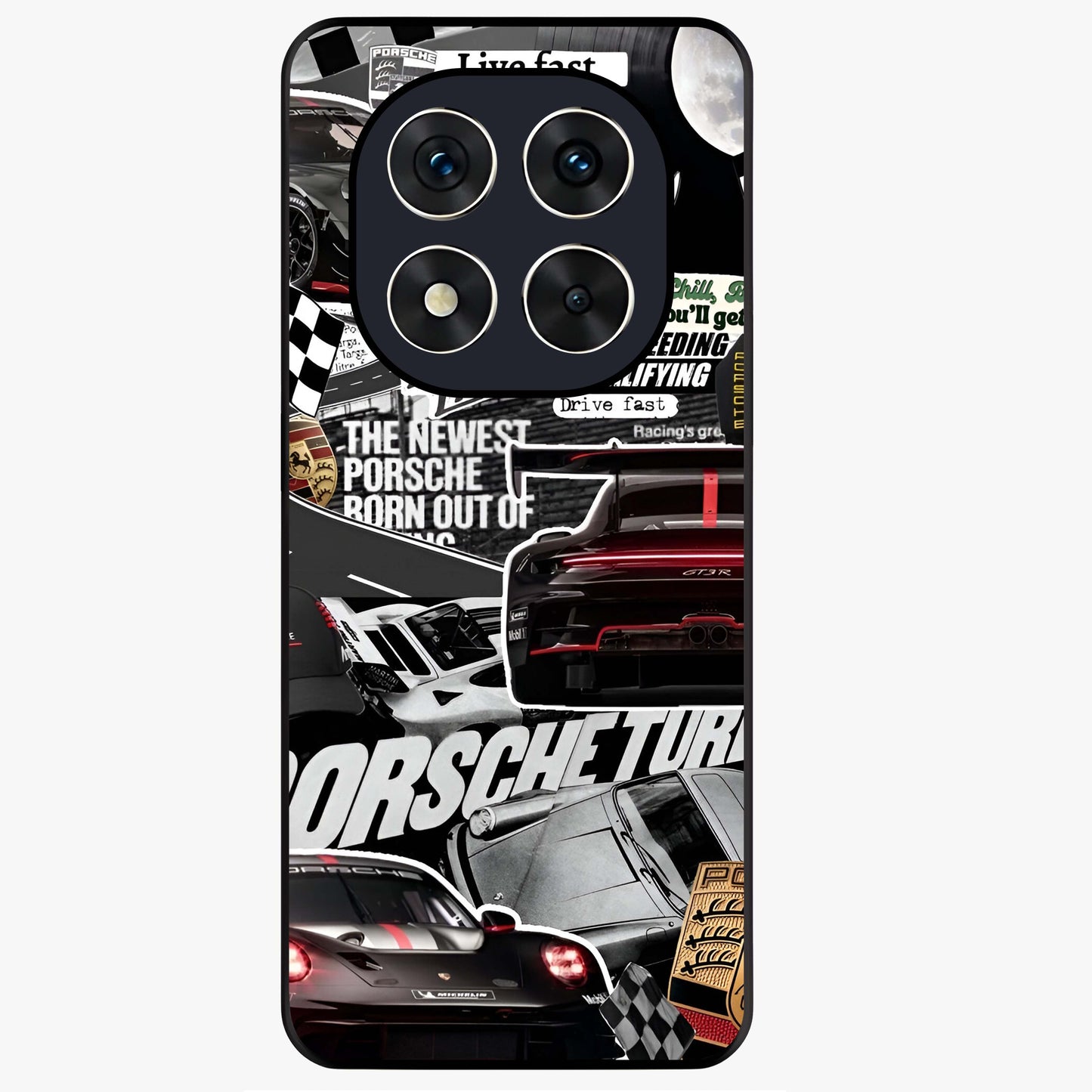 Porsche Racing Collage Glass Case showing flat back view with sports car racing collage artwork and glossy glass finish.