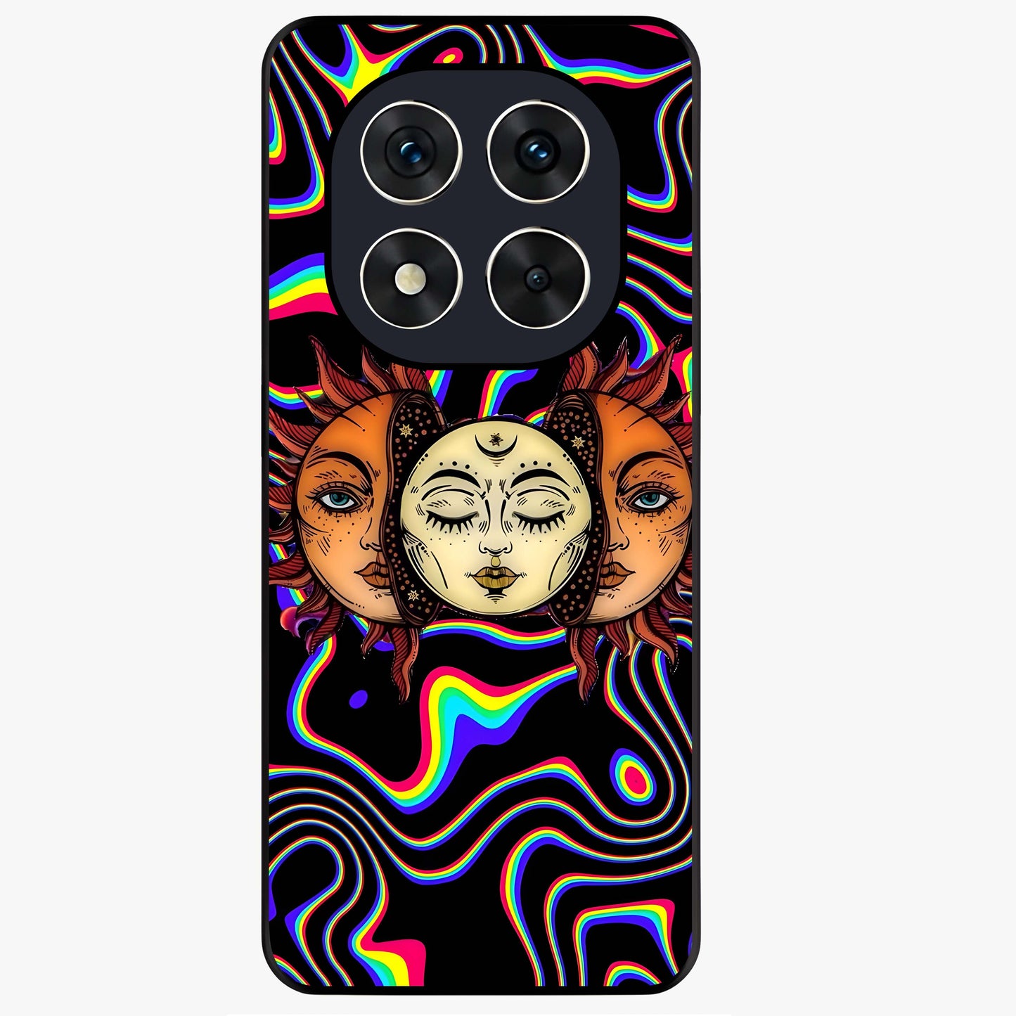 Psychedelic Sun Glass Case showing flat back view with colorful psychedelic sun artwork and glossy glass finish.