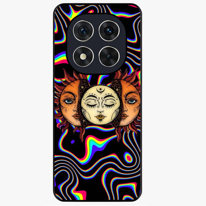 Psychedelic Sun Glass Case showing flat back view with colorful psychedelic sun artwork and glossy glass finish.