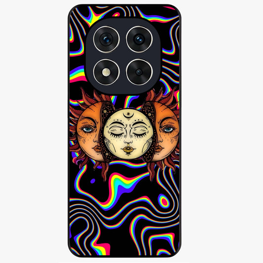 Psychedelic Sun Glass Case showing flat back view with colorful psychedelic sun artwork and glossy glass finish.