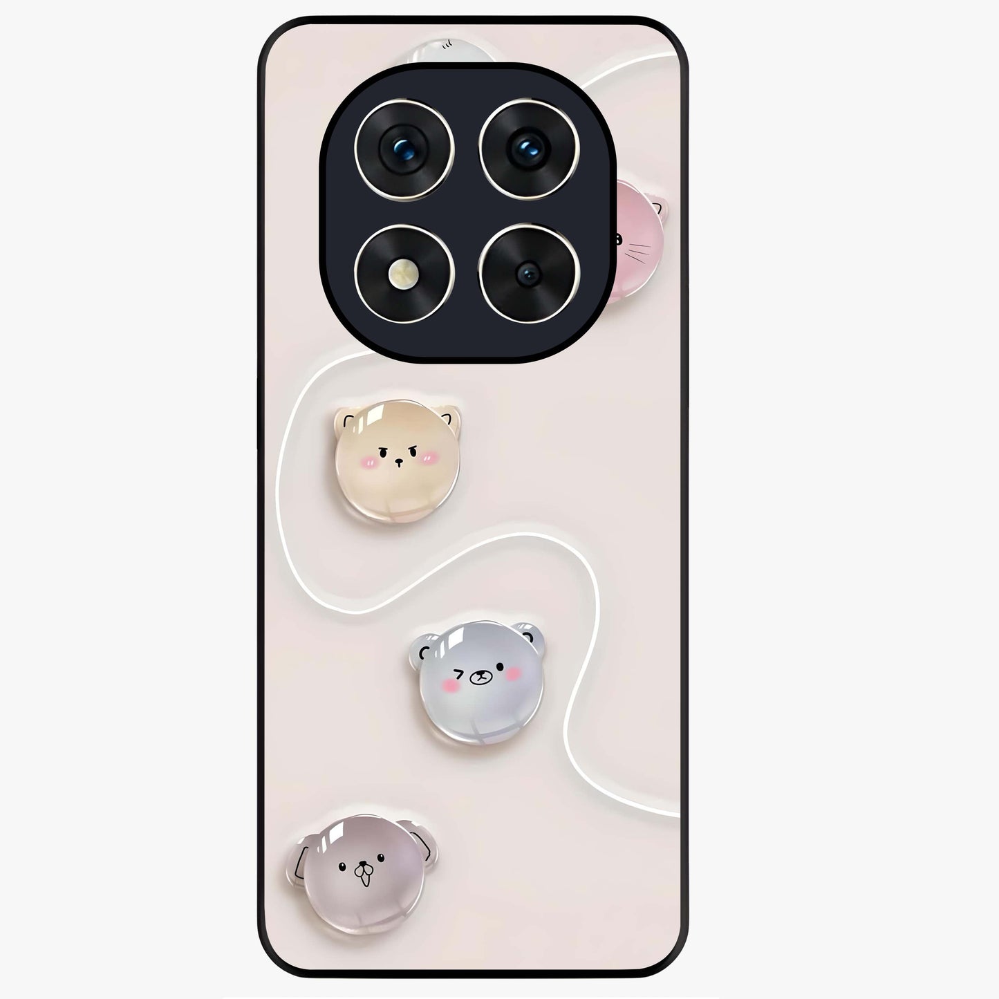 Puffy Face Parade Glass Case showing flat back view with cute puffy character faces artwork and glossy glass finish.