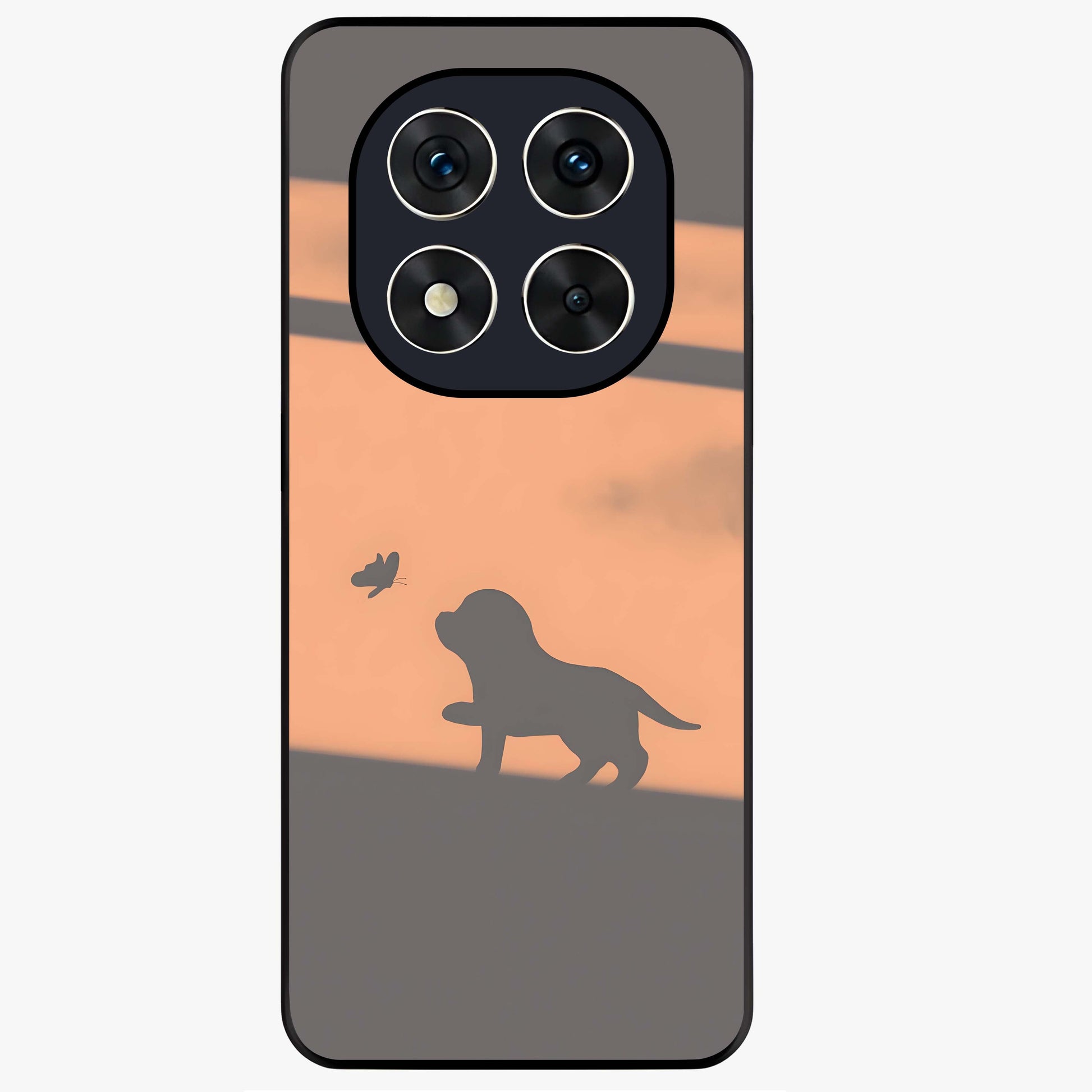Puppy Shadow Art Glass Case showing flat back view with cute puppy shadow style artwork and glossy glass finish.