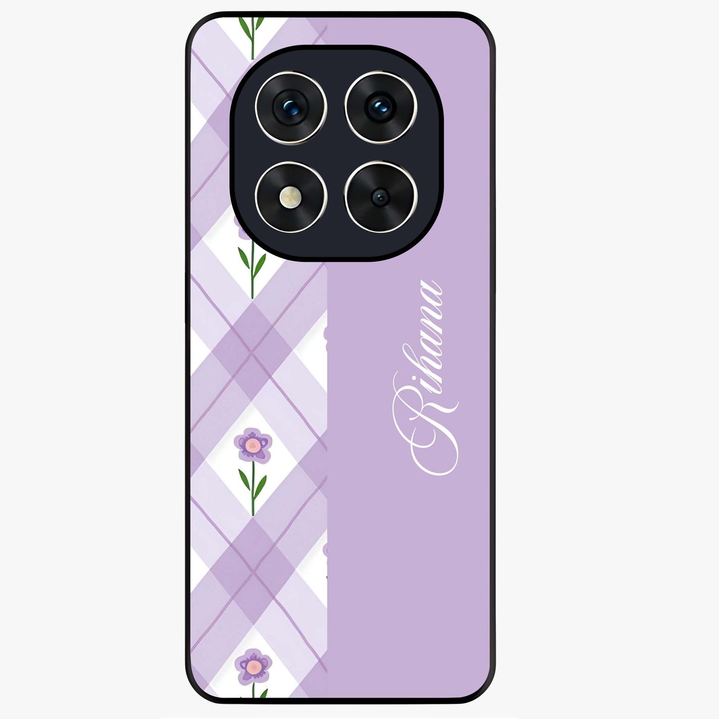 Purple Diamond Floral Glass Case showing flat back view with diamond shaped floral artwork and glossy glass finish.