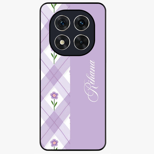 Purple Diamond Floral Glass Case showing flat back view with diamond shaped floral artwork and glossy glass finish.
