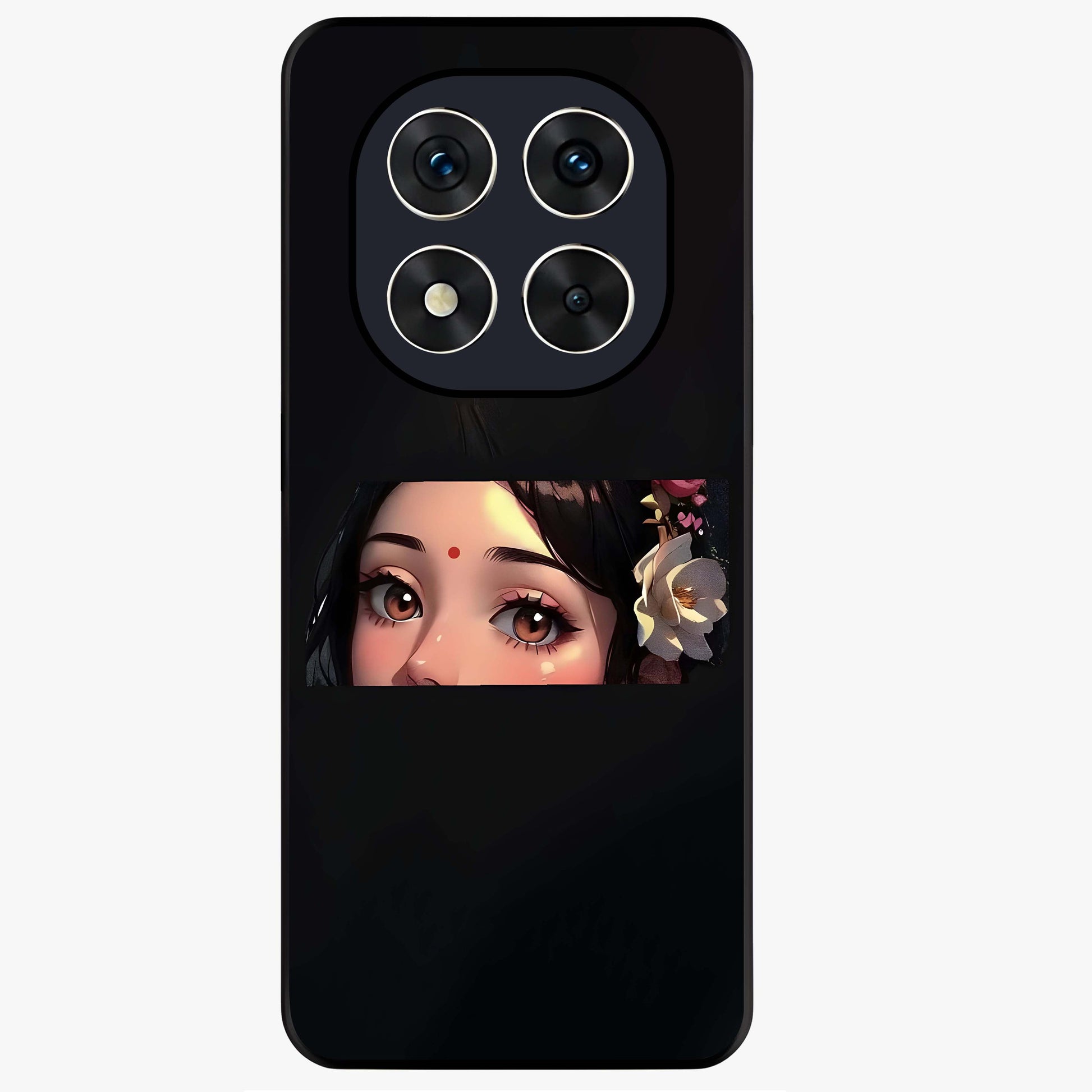 Radha Divine Embrace Glass Case showing flat back view with devotional Radha artwork and glossy glass finish.