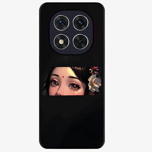 Radha Divine Embrace Glass Case showing flat back view with devotional Radha artwork and glossy glass finish.