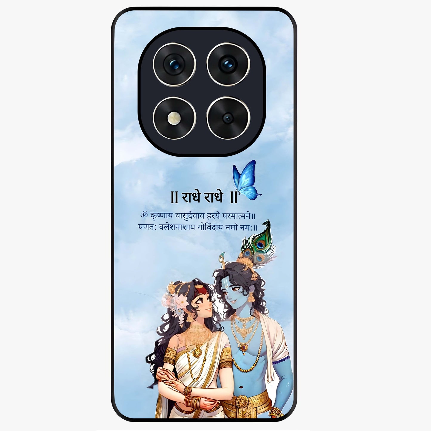 Radha Krishna Eternal Glass Case showing flat back view with Radha Krishna devotional artwork and glossy glass finish.