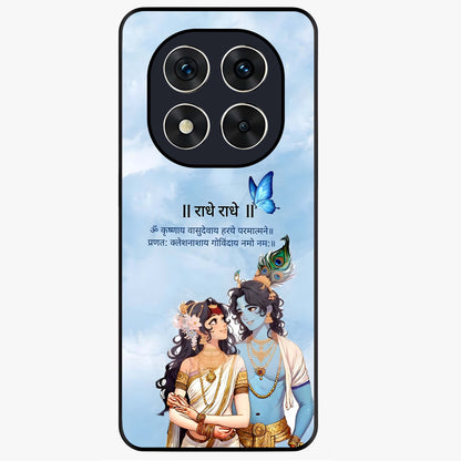 Radha Krishna Eternal Glass Case showing flat back view with Radha Krishna devotional artwork and glossy glass finish.