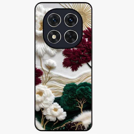 Radiant Bloom Elegance Glass Case showing flat back view with elegant blooming flower artwork and glossy glass finish.